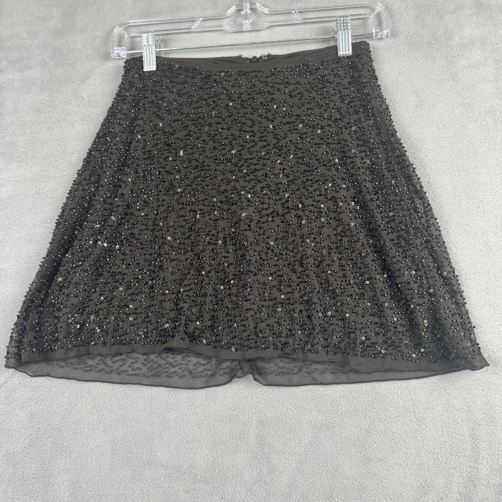 Oh Polly Black Beaded Sequin Mesh Mini Skirt High Waisted Size US 2 UK 6